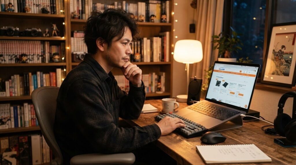 オンラインでコーヒー部品を比較検討する日本人男性。型番だけでは選ばない慎重なリサーチ姿勢
