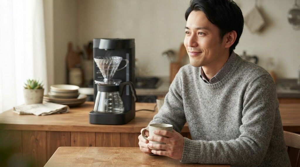 朝のキッチンでコーヒーを味わう日本人男性の生活風景
