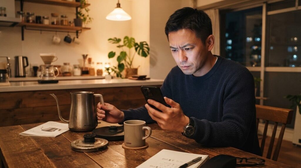 キッチンでコーヒーテーブルに腰かけ、純正の交換用ポット部品の情報をスマートフォンで真剣に見つめる日本人男性。本物の部品を選び抜くための熱心な調査風景。