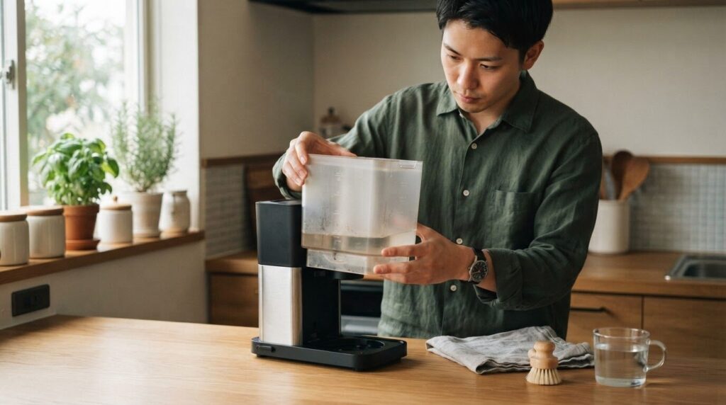電動コーヒーメーカーから水タンクを取り外す手入れの様子