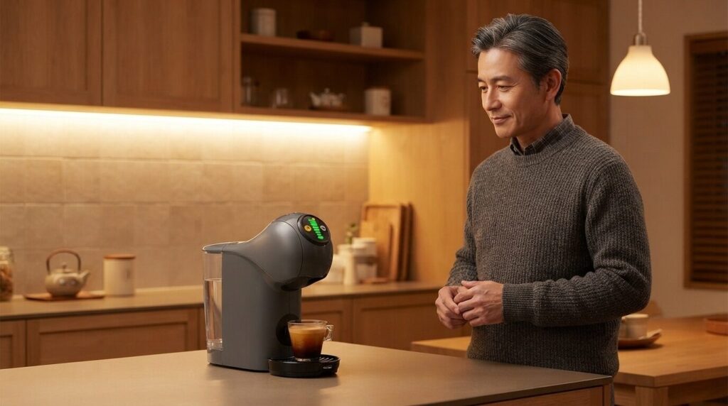 抽出が完了したドルチェグスト本体から少し離れて、手を前で組み圧力が抜けるのを待つ日本人男性。安全配慮の大切さを伝える。