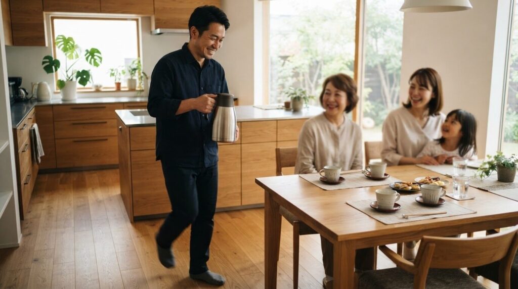 ダイニングテーブルへステンレス製のコーヒーポットを両手で運び、家族にコーヒーを提供する日本人男性の笑顔。
