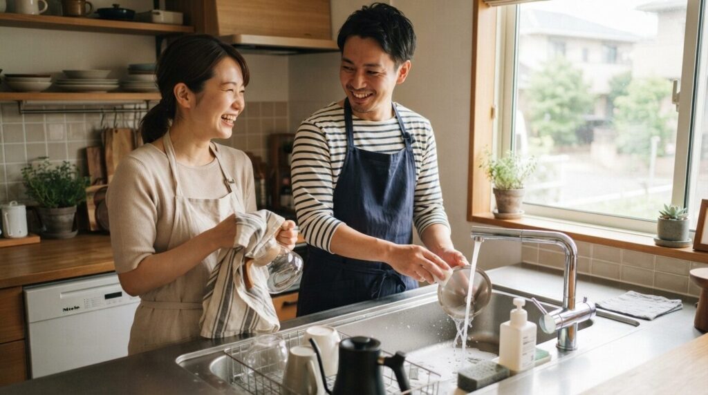 キッチンシンクで夫婦が協力しながらコーヒーのフィルター部品を丁寧に洗浄・乾燥させている様子。