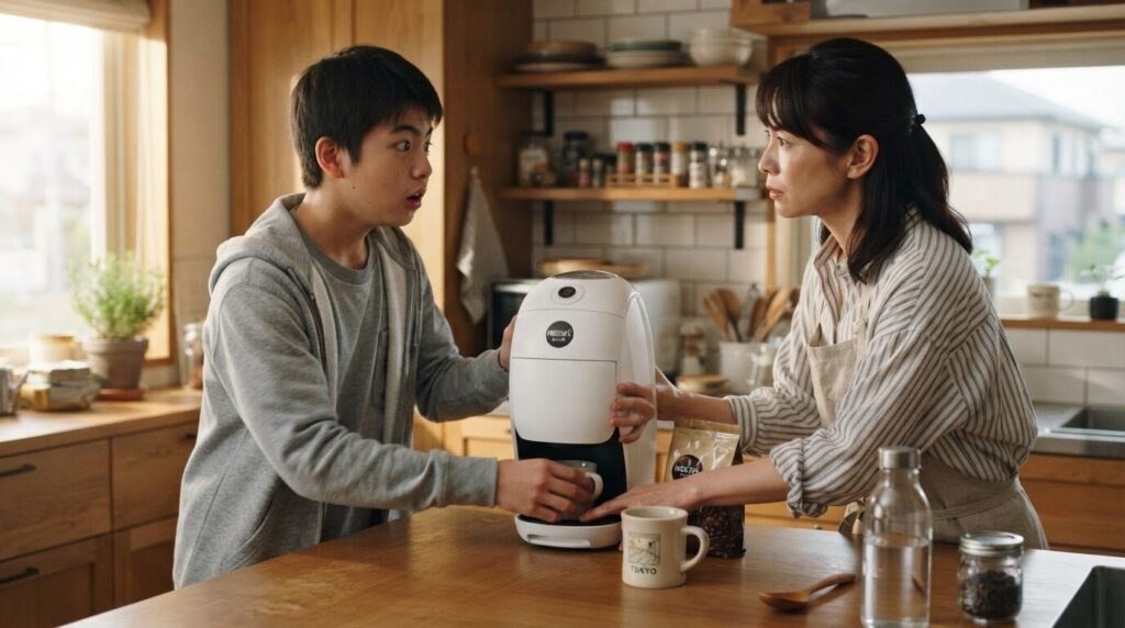 カウンター上のネスカフェ バリスタの底面カバーを開けようとする家族を制止する日本人女性。