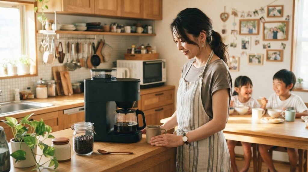 家族の朝食中に全自動電動コーヒーメーカーで淹れる生活シーン
