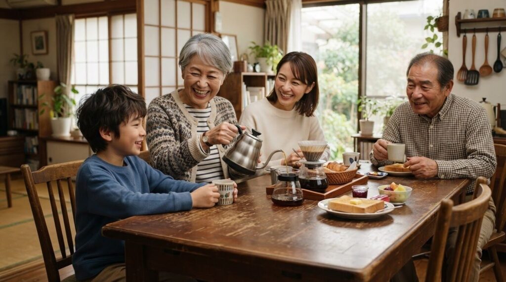 木製ダイニングテーブルで祖母が孫にコーヒーを注ぐ微笑ましい家族の朝の光景