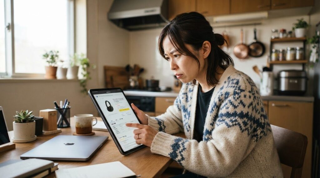 デスクでタブレット画面の適合仕様を真剣な表情で確認する日本人。互換品の落とし穴を避けるための慎重な情報確認と、消費者としての注意深さを表現する一枚。
