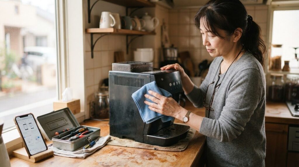 買い替え前に電動コーヒーメーカーを手入れして最終確認するイメージ