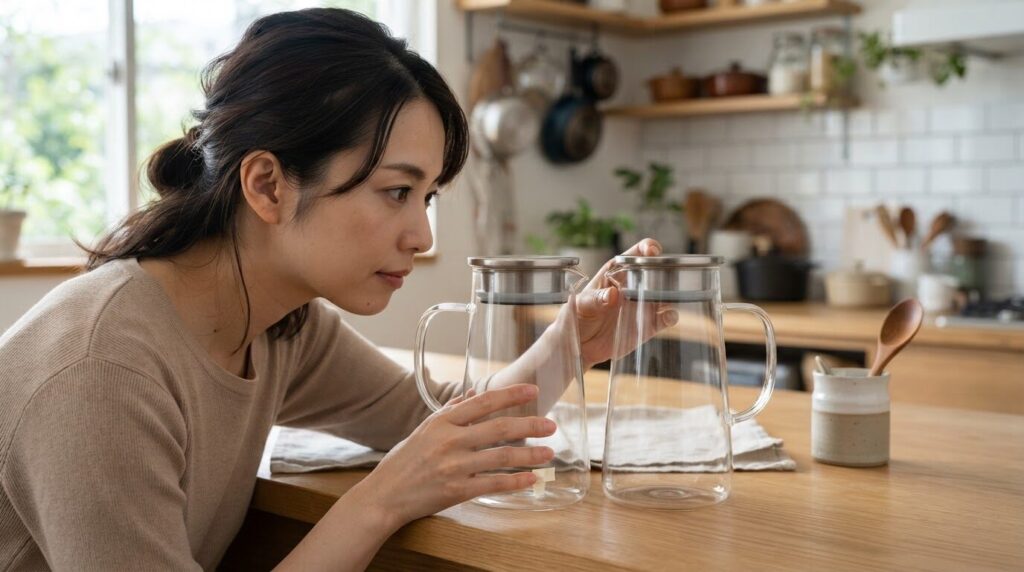 旧型用のガラス容器と新型用を見比べる電動コーヒーメーカー設置イメージ