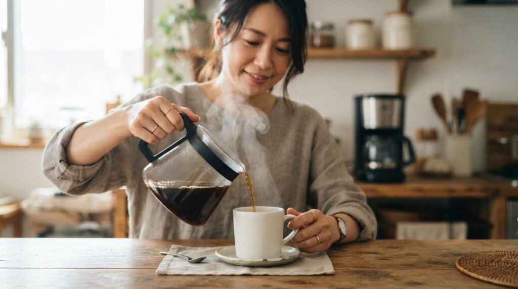 電動コーヒーメーカーで淹れたコーヒーをマグカップに注ぐ朝のひととき
