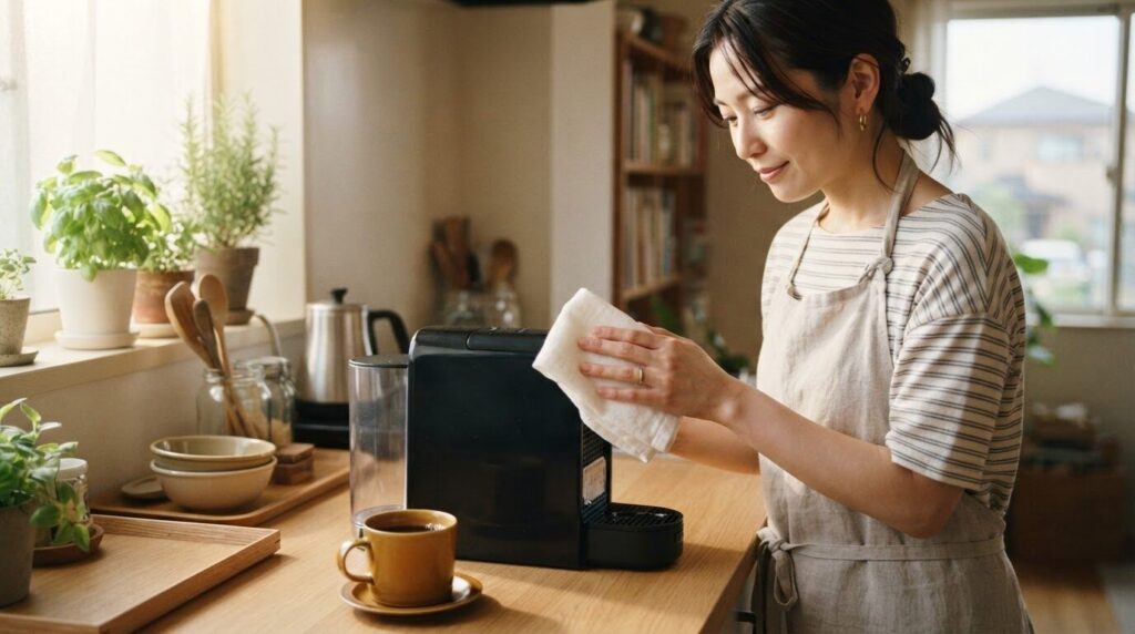 キッチンで電動コーヒーメーカーを布で拭いて手入れする日本人
