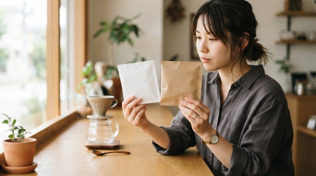白い紙フィルターと茶色い紙フィルターを手に取って比較する日本人