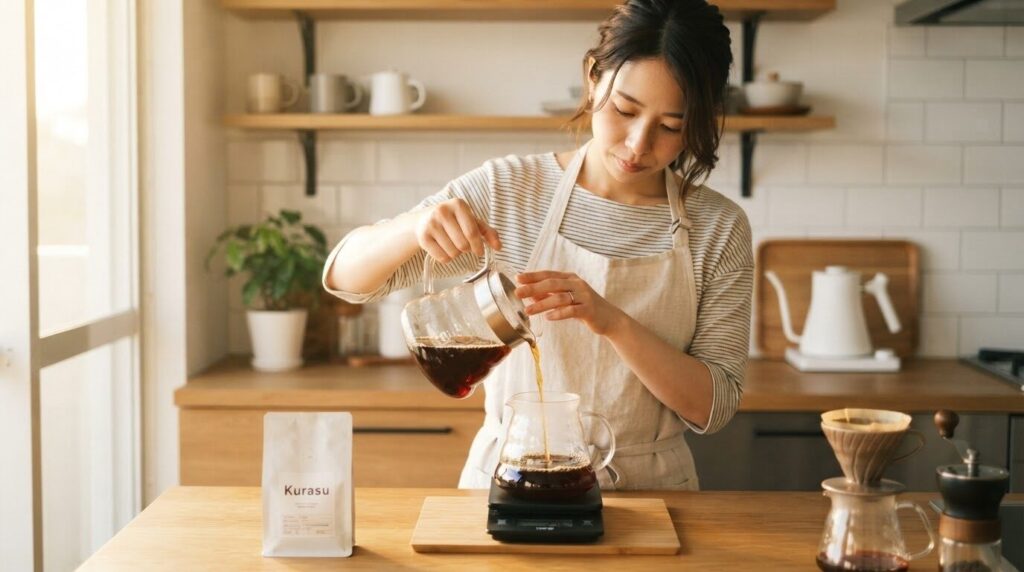 コーヒーメーカーから耐熱ガラスサーバーへ丁寧にコーヒーを移し替える日本人。