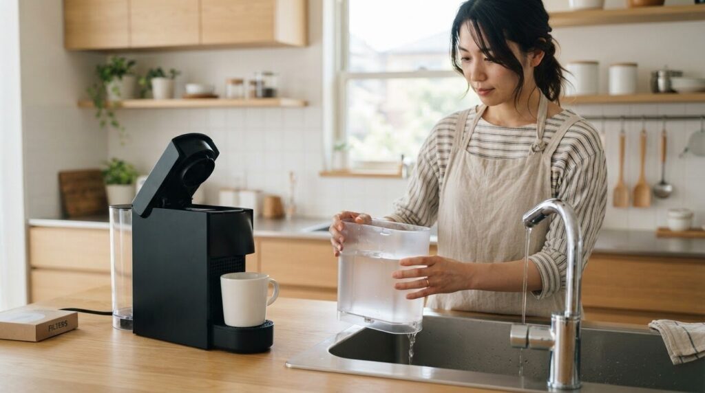 初回使用前に水タンクを洗って湯通しする準備の様子