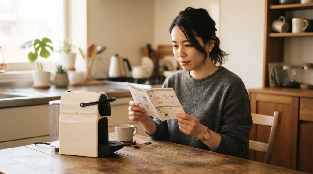 電動コーヒーメーカーの型番を確認するために説明書を読む様子