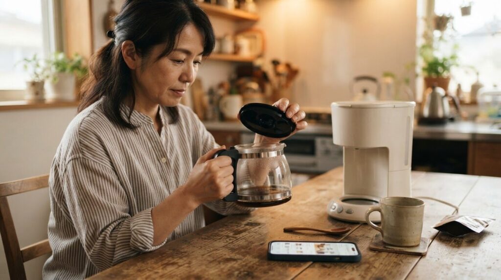 電動コーヒーメーカーのガラス容器のふたを確認する使用イメージ