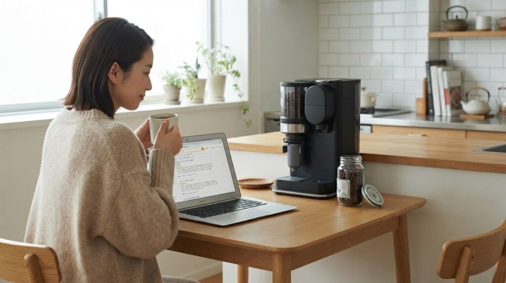 電動コーヒーメーカーの口コミを調べながらコーヒーを飲む日本人