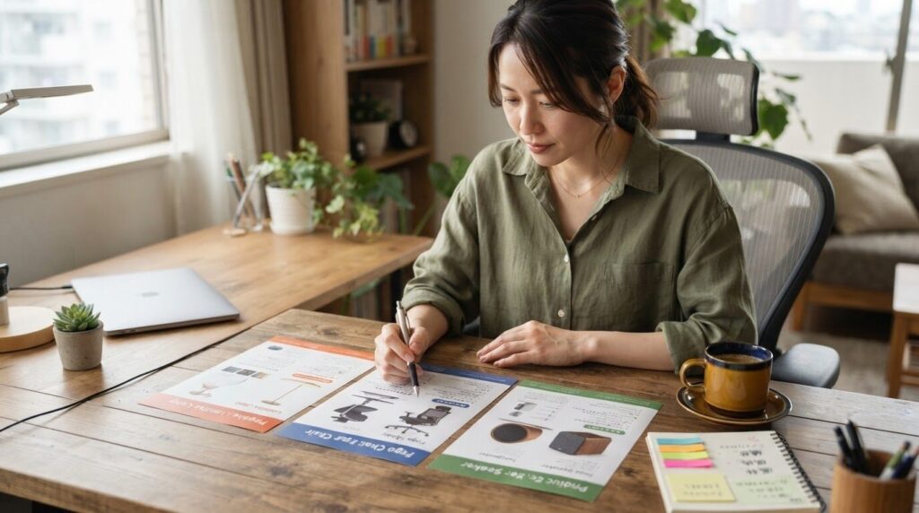 デスクで複数の製品パンフレットを広げて比較検討する日本人。