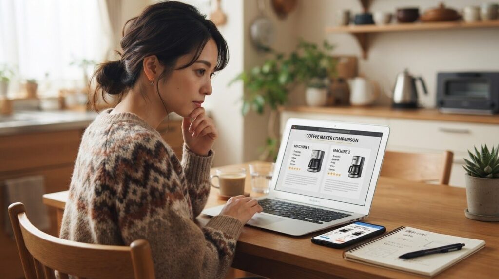 ノートパソコンとスマホで電動コーヒーメーカーの価格を比較する様子