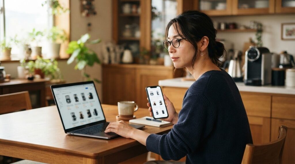 キッチンでノートPCとスマホを使って電動コーヒーメーカーの価格を比較する日本人