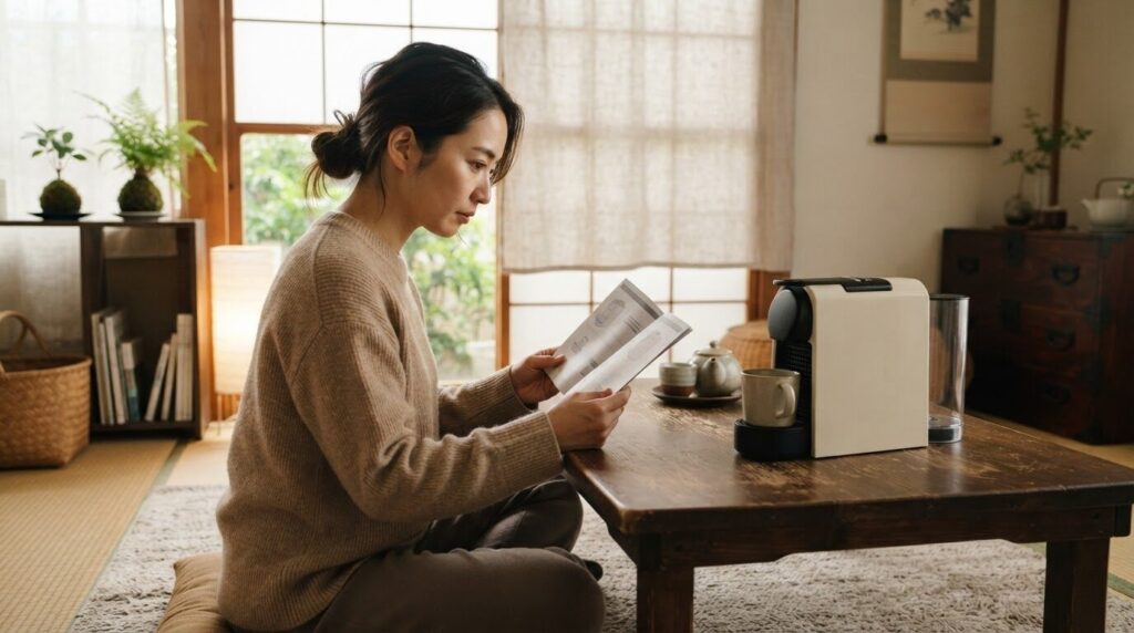 説明書を見ながら抽出量を調整する朝のキッチン