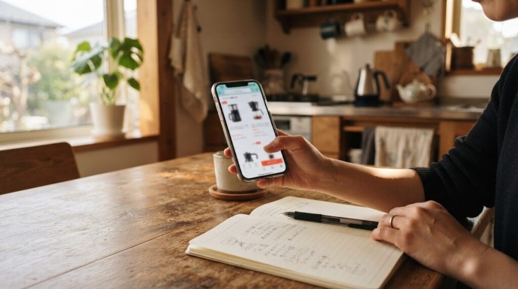 スマートフォンで電動コーヒーメーカーの価格を確認する購入前イメージ