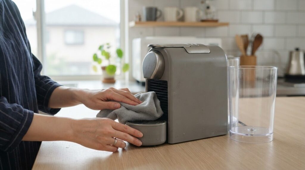 使用後に水タンクを外して電動コーヒーメーカーを手入れする様子
