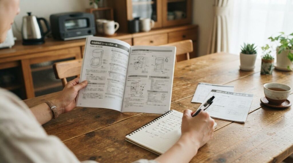 電動コーヒーメーカーの説明書と部品型番を照らし合わせるイメージ