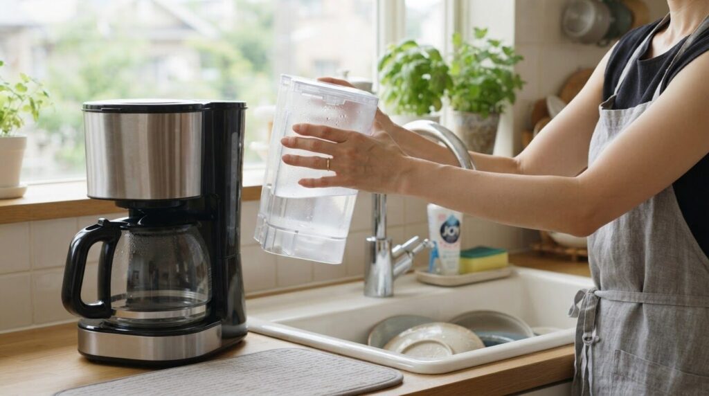 電動コーヒーメーカーの水タンクをシンクで洗う手入れイメージ