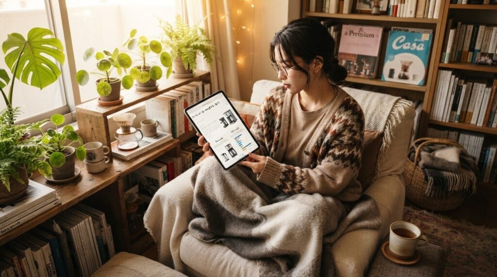 タブレットの購入ガイドコーヒーを読みながら比較検討する日本人