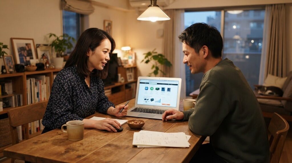 夕方の暖かいダイニングで、パートナーと一緒にノートパソコンで価格や部品リストを比較検討している日本人夫婦