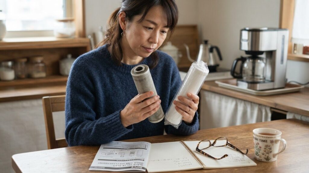 浄水フィルター新旧を並べて型番を確認する様子