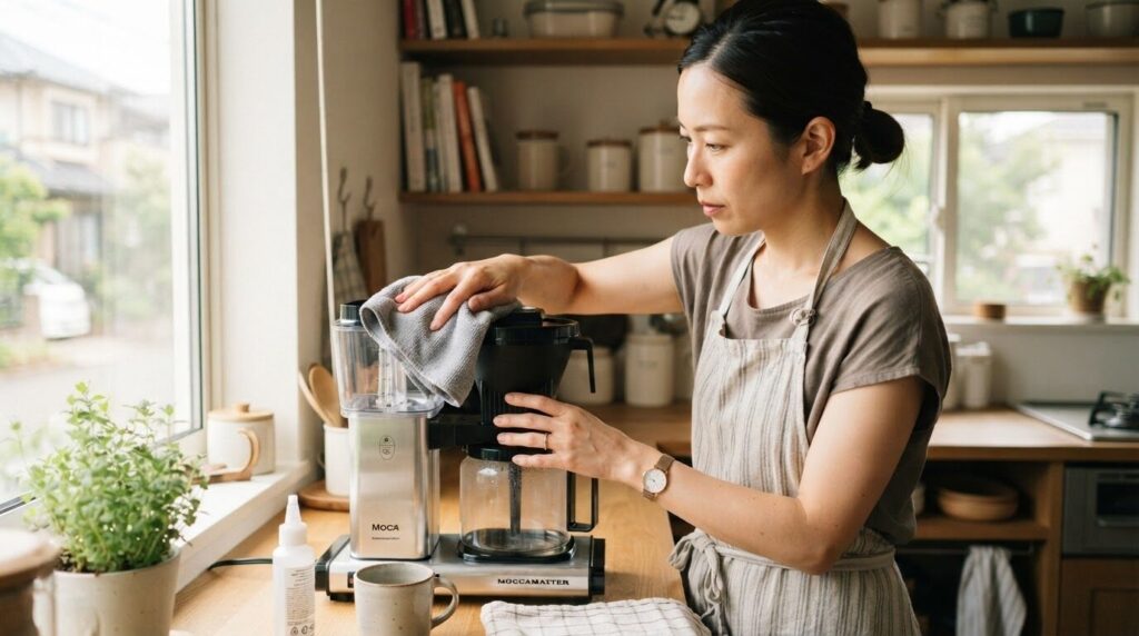 キッチンで柔らかく絞った布でコーヒーメーカーの給水口周りを丁寧に手入れする日本人女性。長く大切に使うための真剣で誠実なメンテナンス風景。