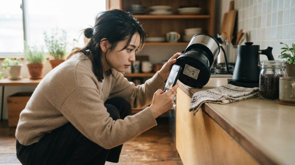 本体背面のラベルを確認する電動コーヒーメーカーと女性