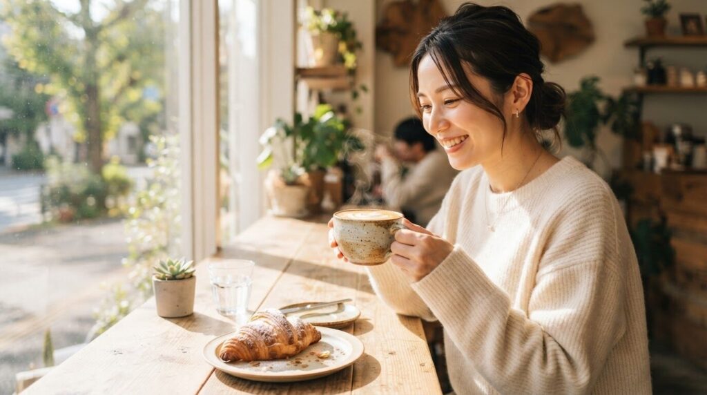ラテアート入りのコーヒーを陶器のカップで楽しむ日本人女性。YACM-M1593の全自動ラテ機能を表現。