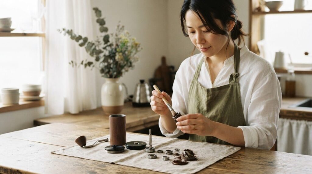 ミルの内部部品を分解し、清潔なクロス上で順番に並べて丁寧に清掃する日本人女性。安全な分解とお手入れの様子