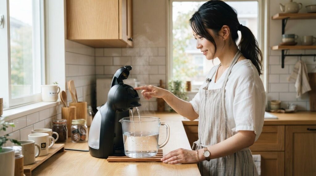 電動コーヒーメーカーの初回すすぎを行う準備シーン