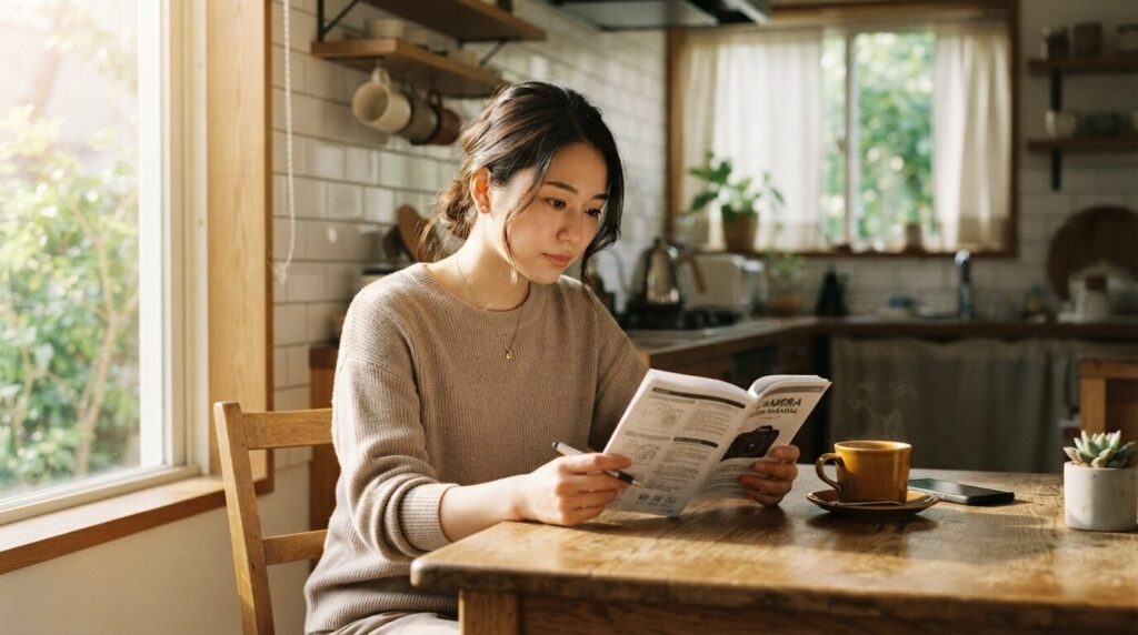 朝陽の差し込むキッチンで、説明書類を片手に読みながら向かいに置かれたドルチェグスト本体を眺め、基本を振り返る日本人女性。