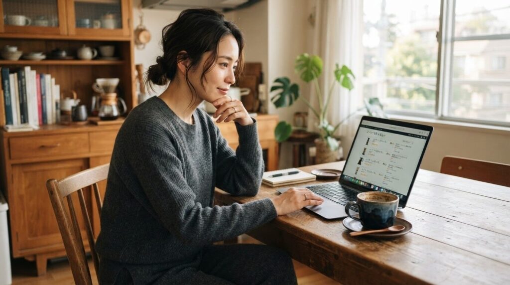 小さなダイニングテーブルでノートパソコンを開き、口コミやレビューを熱心に読み込む日本人女性。隣には飲みかけのコーヒーがあり、珈琲への情熱が伝わる朝の集中したひととき。
