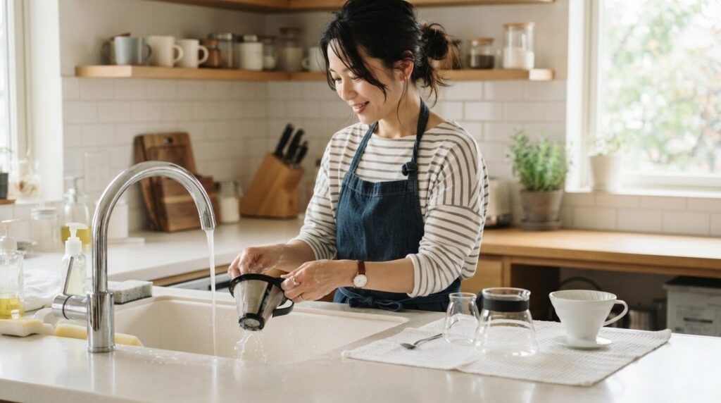 「キッチンでコーヒーメーカーの部品を手洗いする日本人女性」