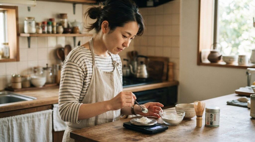 エプロンをつけた日本人女性が、デジタル計量器を使って粉末クエン酸の重さを真剣な表情で量っている朝のキッチン風景