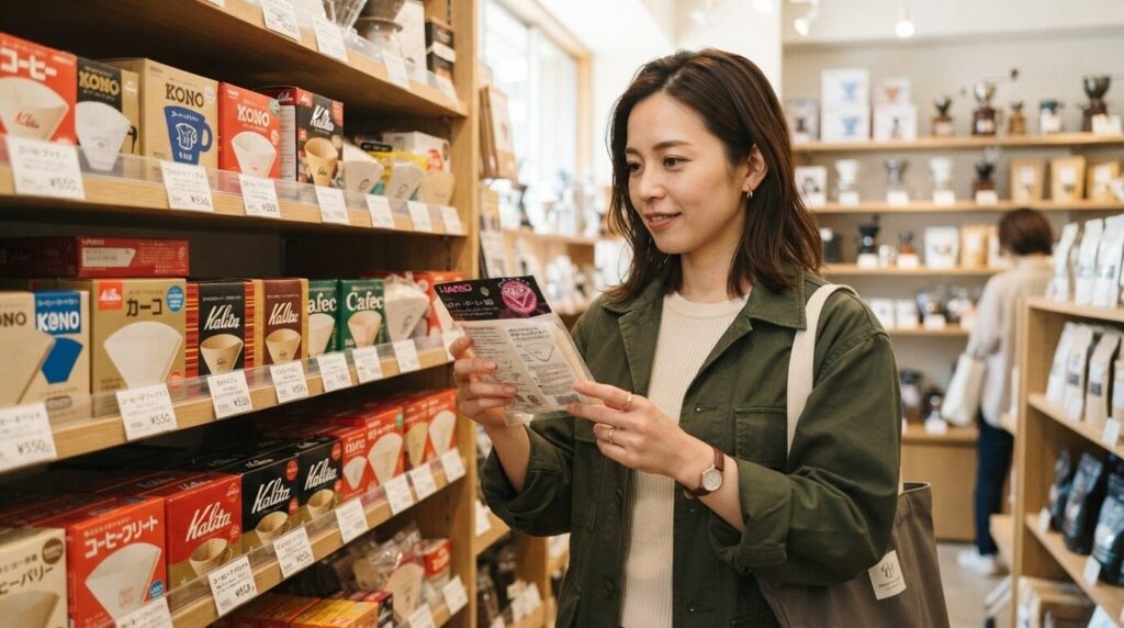 店頭の棚でコーヒーペーパーフィルターのパッケージを手に取り真剣に選ぶ日本人女性。