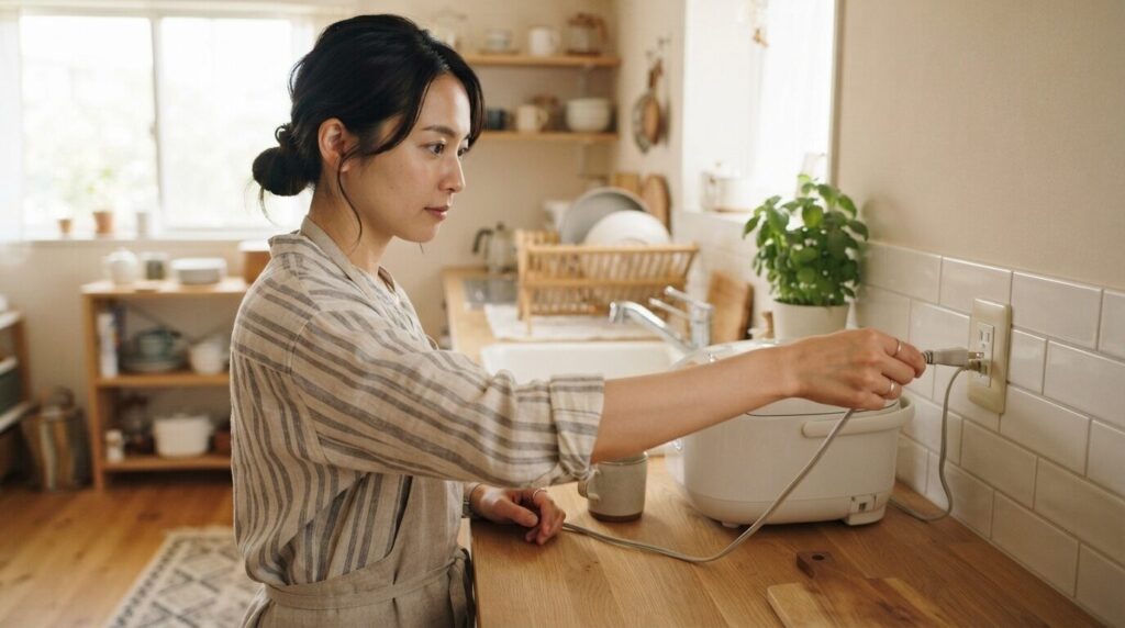 濡れた手ではなく乾いた手で電源プラグを慎重に抜く日本人女性の安全確認シーン