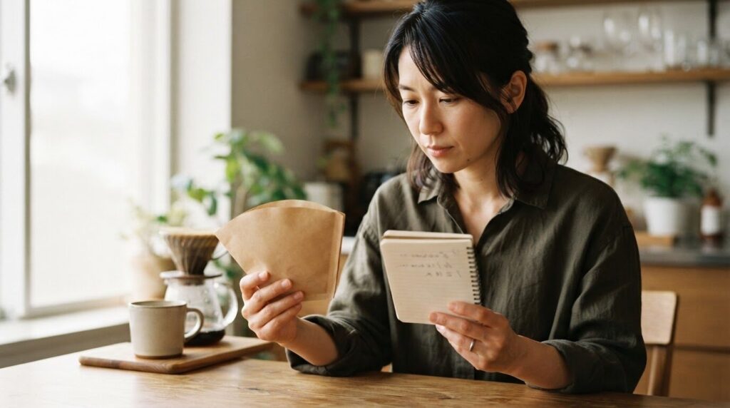 手元のメモに書かれた型番と紙フィルターのパッケージ表示を並べて、適合するか照合している日本人女性