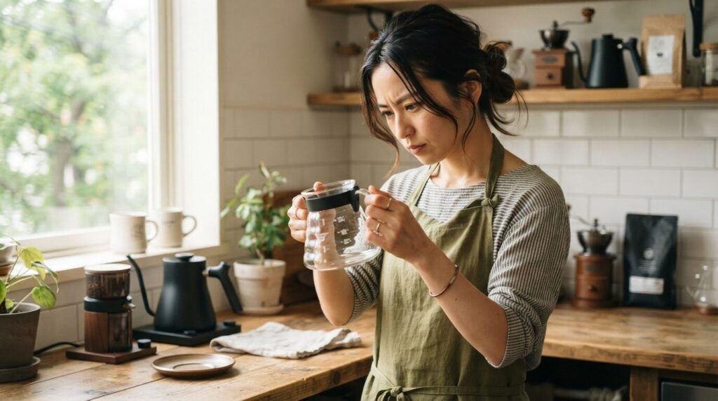 手にしたガラスポットをあらゆる角度から入念に確認する日本人女性。互換品・純正品の見分けに集中する様子