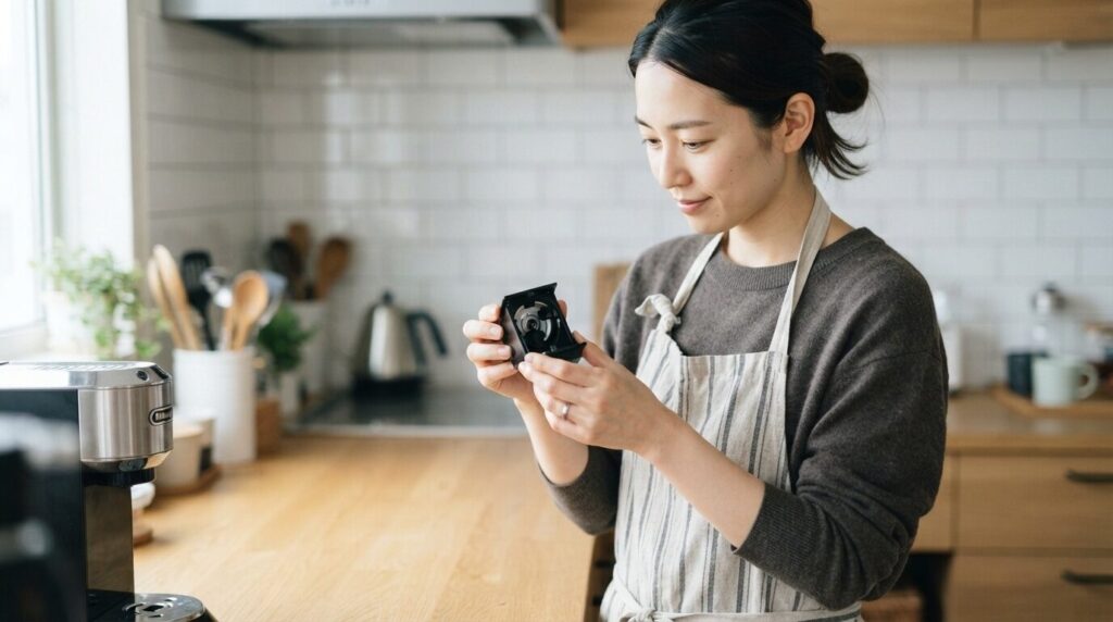 カプセルホルダーを両手で丁寧に点検する日本人女性の保守作業の様子