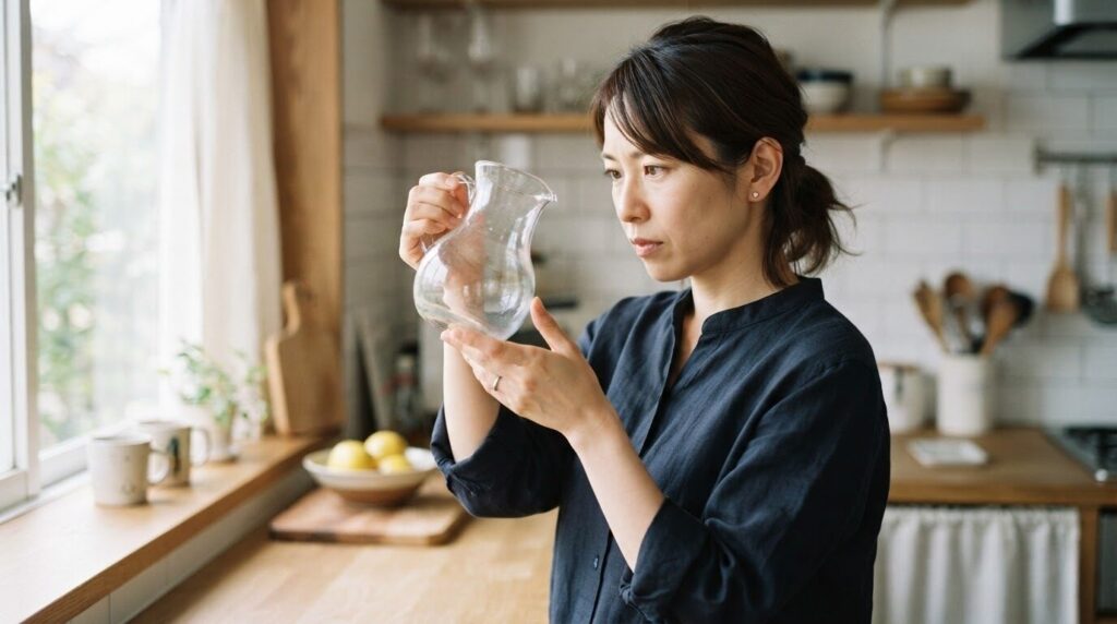 明るいキッチンで日本人女性が壊れやすいガラス容器を両手で丁寧に持ち、ひびや損傷を確認している様子を表現した写真。