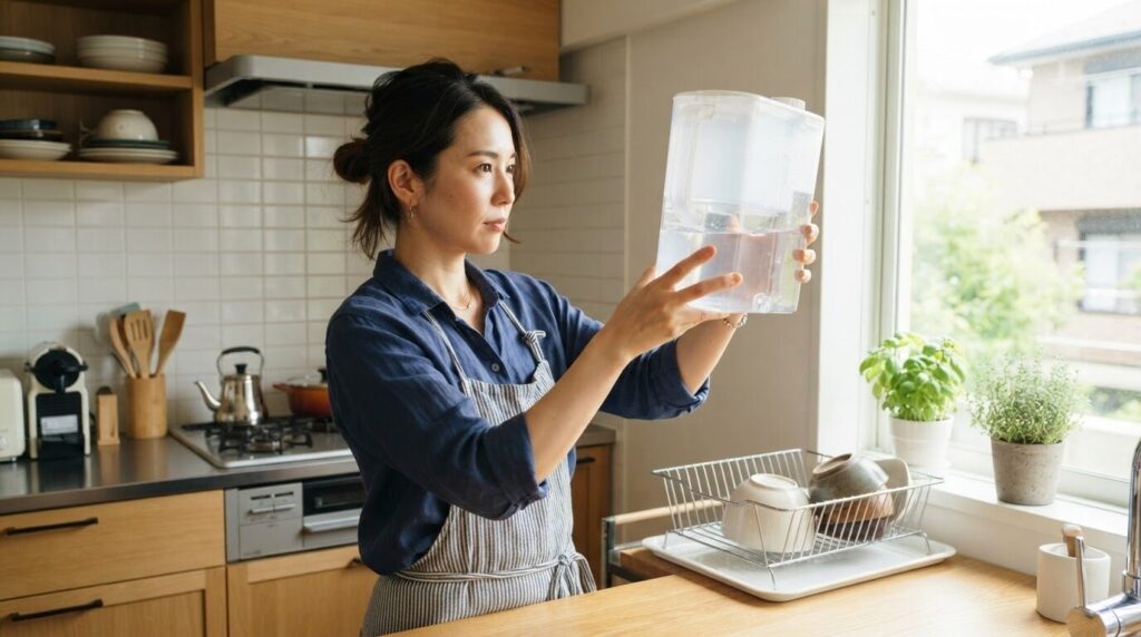 半透明の給水タンクを光に透かして水量と状態を確認する日本人女性