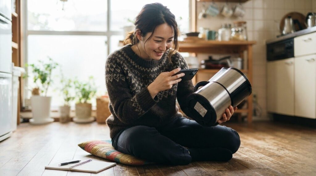 キッチンフロアーでクッションに座り、コーヒーメーカーの型番ラベルをスマートフォンで注意深く撮影する日本人女性。