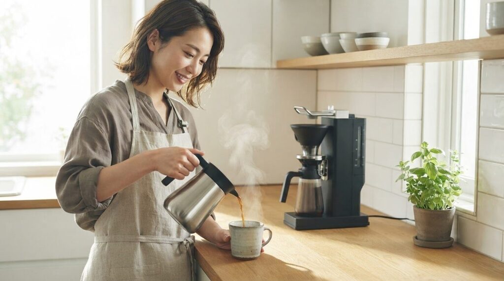 電動コーヒーメーカーで抽出したてコーヒーをマグに注ぐ日本人女性